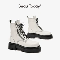 beautoday platfrom boots ankle women cow leather round toe lace up closure zipper sewing ladies motorcycle shoes handmade 03545