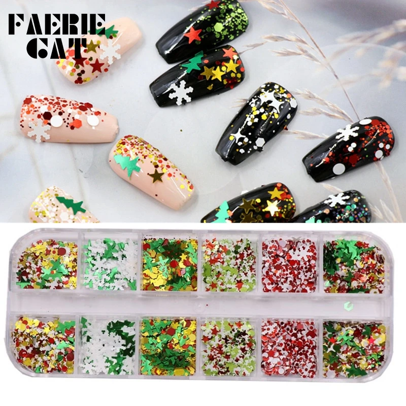 

1 Box New Colorful Christmas Nail Art Snowflake Sequins Christmas Tree Star Sequin Mixed DIY Design Nail Accessories Supplies