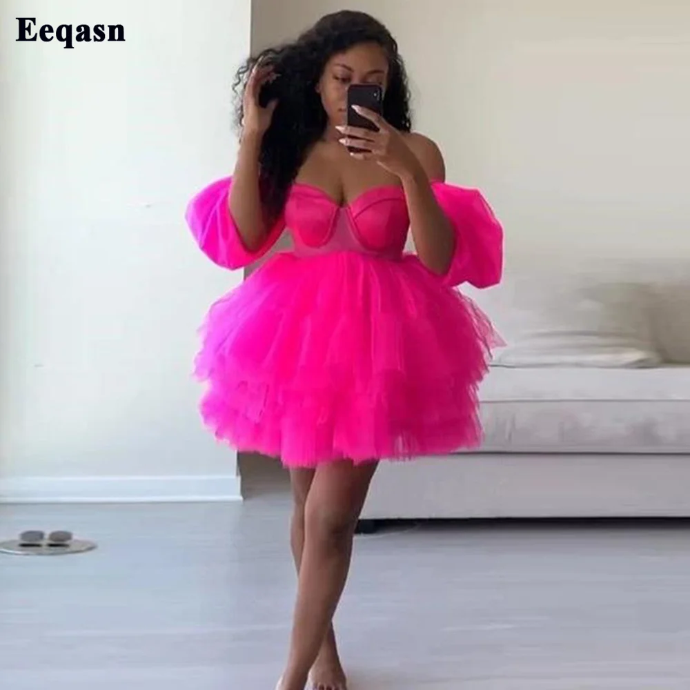 

Eeqasn Fuchsia Tulle Above Knee Mini Cocktail Dresses Short Sleeves Prom Party Dress Women Evening Gowns Special Event Gown