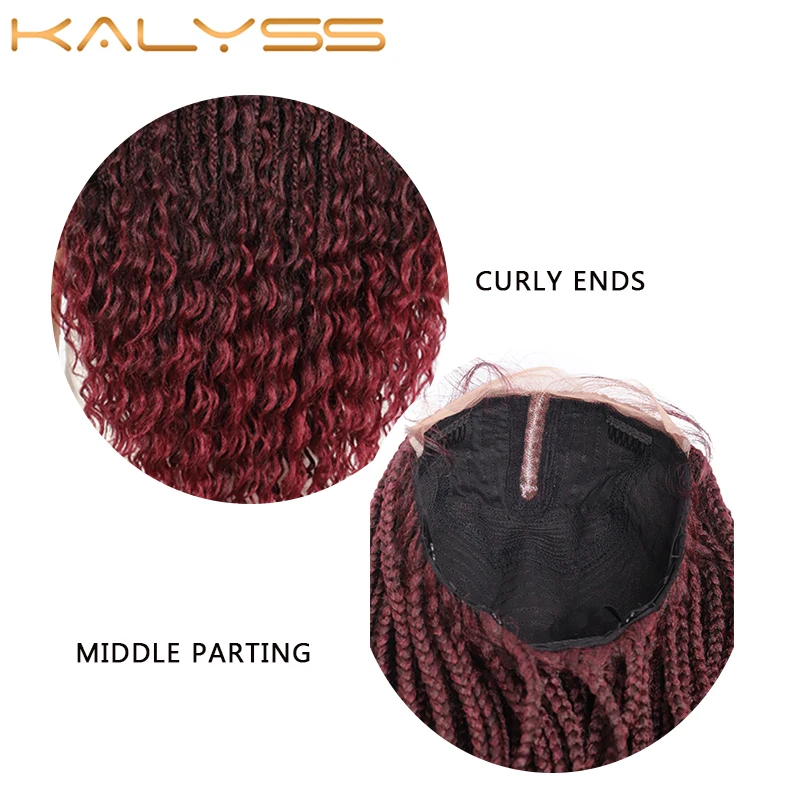 

Kalyss 24 Inches Ombre Red Lace Front Wig Synthetic Braids Wigs Handmade Middle Parted Box Braided Wigs with Curly Ends