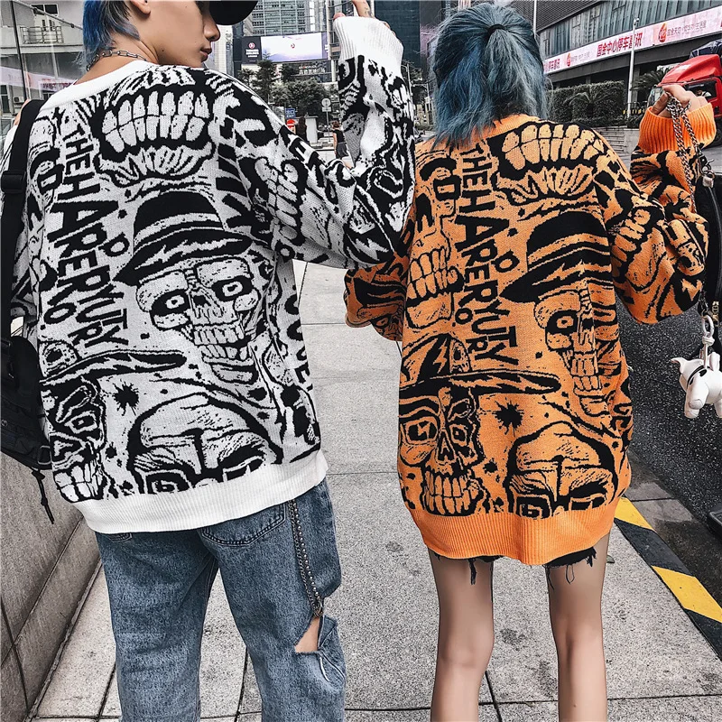

Autumn and winter tide brand skull head fun jacquard hip hop hiphop long-sleeved couple sweater oversize ins knitted top men