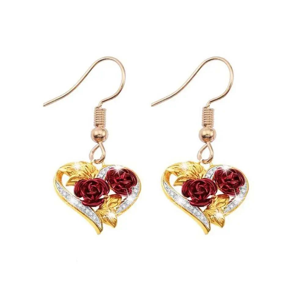 

2021 New Fashion Vintage Gold Plated Color Rose In Gift Earrings Heart Pendant Shaped Jewelry Women Elegant S9E1