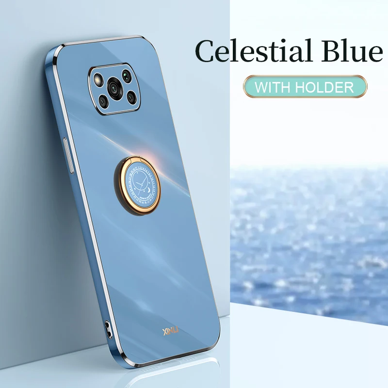 plating square ring holder phone case on for xiaomi mi poco x3 pro x 3 nfc gt 5g poko x3pro luxury soft silicone stand cover free global shipping