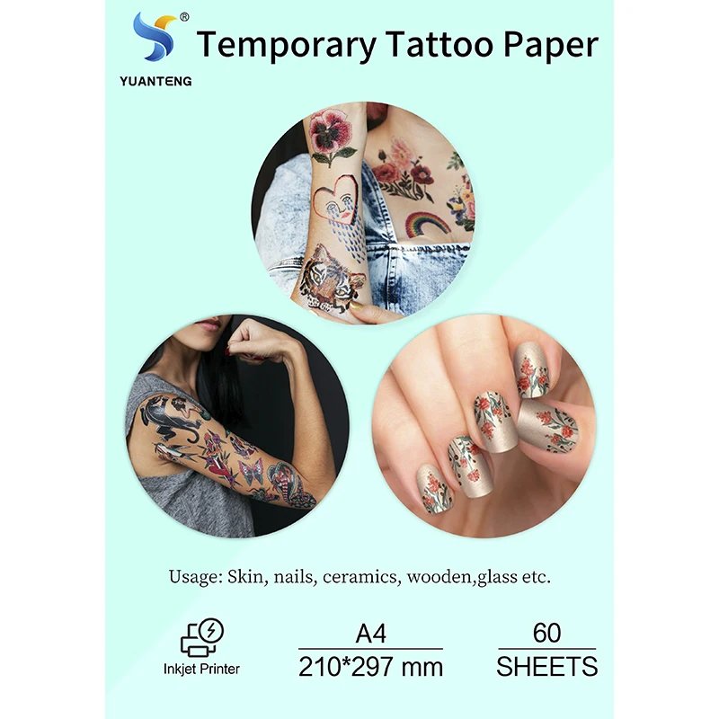 (60 sets/lot) Wholesale Kids Womens Printable Temporary Tattoo Paper A4 for Inkjet Printers with Adhesive Film Tattoo Customized
