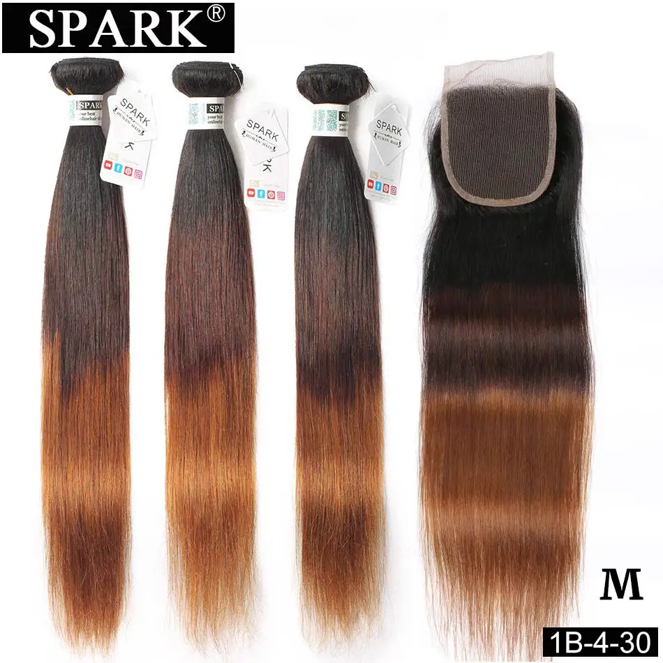 Spark Ombre 3/4 пучки с закрытием перуанские прямые человеческие волосы пучки с кружевной застежкой Средняя/свободная часть парик из волос Реми