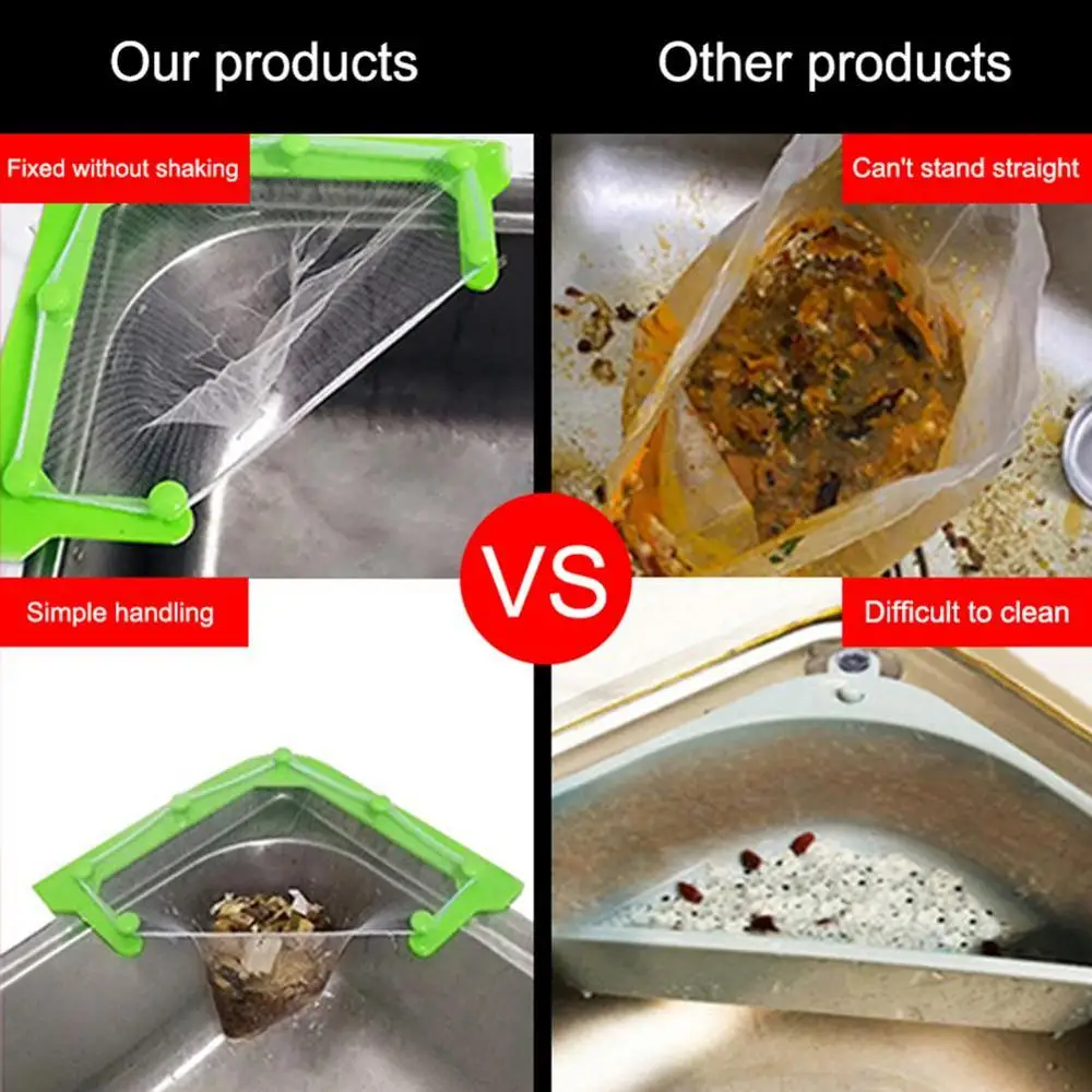 

Inverted Triangular Hanging Sink Strainer Drain Net Bag With Bracket Vegetable Fruit Drainer Basket Kitchen Sink Filter Basket