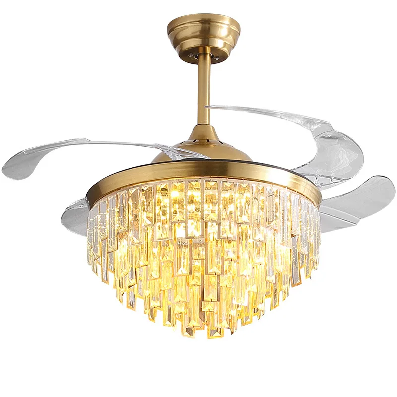 

QUKAU fan Light luxury 42inch crystal invisible fan light remote control 3 color light simple postmodern living room chandelier
