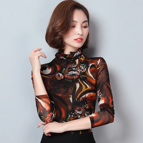 2020 Autumn New Fashion Beautiful Big Flower High Collar Large Size Xxxl Designs Women Simple Sexy Commute Lady Bottoming Shirts |