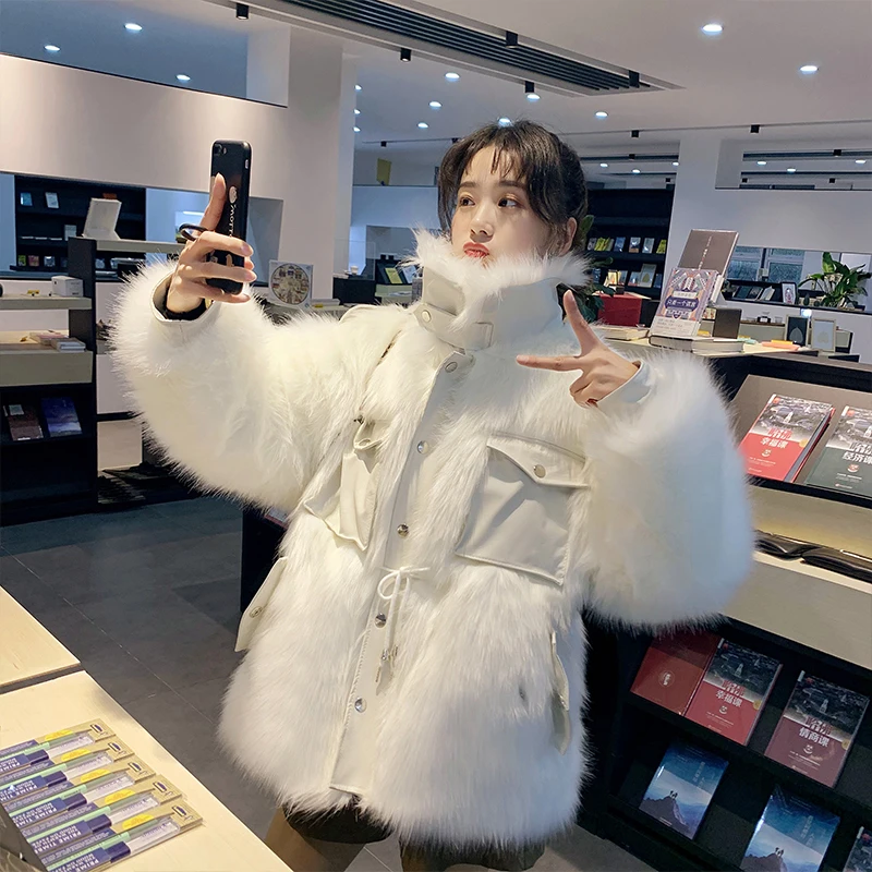 

NEW Faux Fur coat women tooling style fox fur white Fur Coat Women 2020 Winter thick Coat Female High street Women Premium Coat