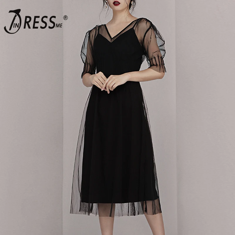 INDRESSME 2019 New Sexy Lace Mesh V Neckline A Line Little Black Dress Midi Party Vestidos Women Outfit | Женская одежда