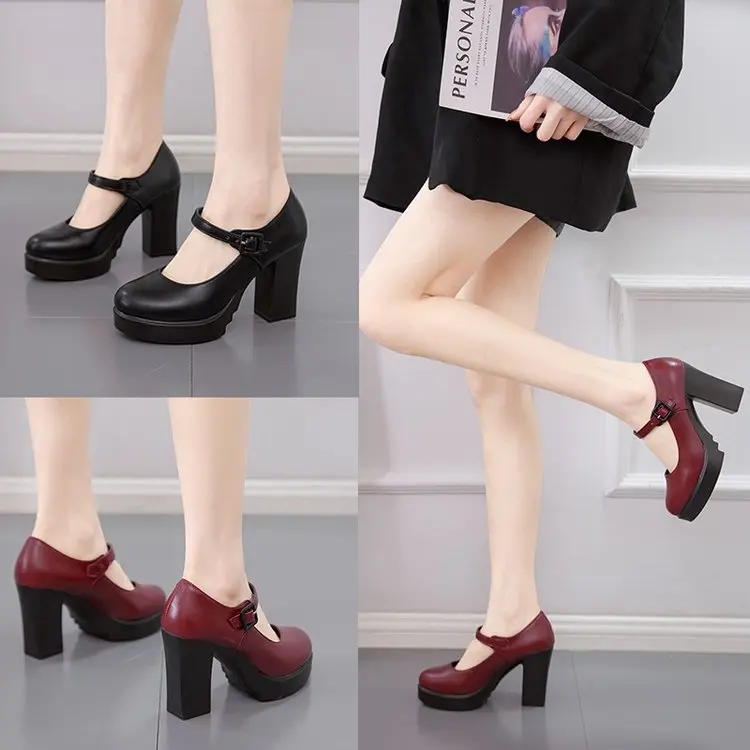 

2021 Square High Heels Women Platform Pumps Spring Summer Shallow Mouth Buckle Strap Shoes Round Toe Shoes for Women high heels