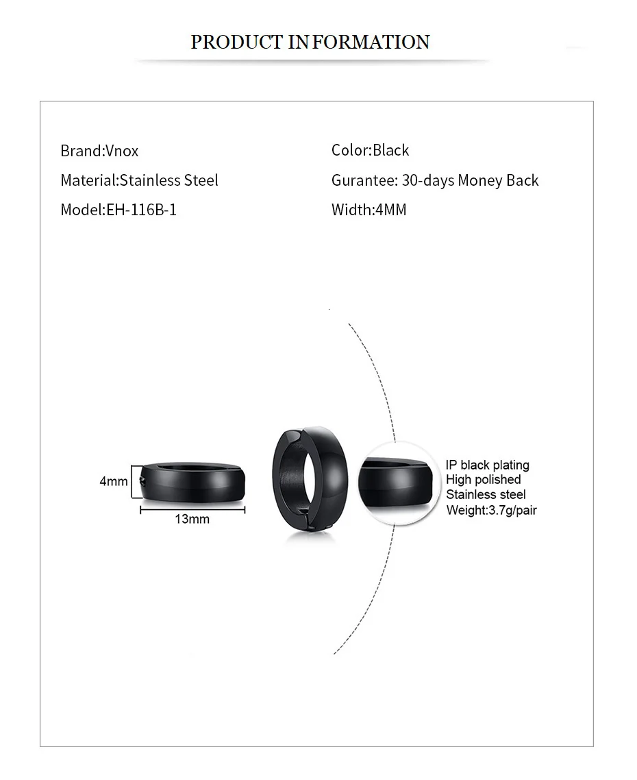 Vnox нержавеющая сталь мужские женские обруч серьги huggie гипоаллергенный ушной зажим ювелирные изделия