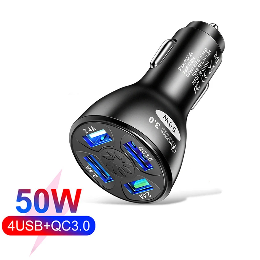

50W QC3.0 4USB Car Charger Quick 7A Fast Charging USB Charger For iPhone 11 Samsung Cell Phone Charger Adapter for Huawei Xiaomi