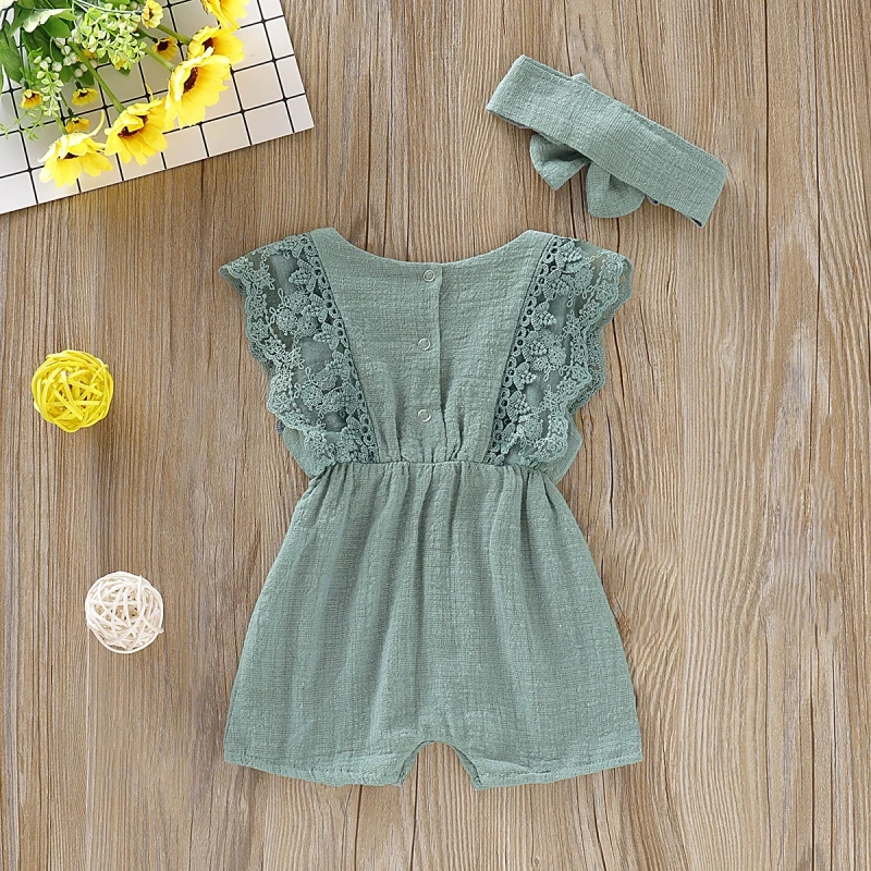 

Summer Baby Girl Rompers Newborn Baby Clothes Toddler Flare Sleeve Solid Lace Design Romper Jumpsuit With Headband One-Pieces
