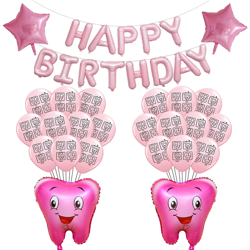 Латексные воздушные шары с изображением зубов из мультфильма голубые и розовые