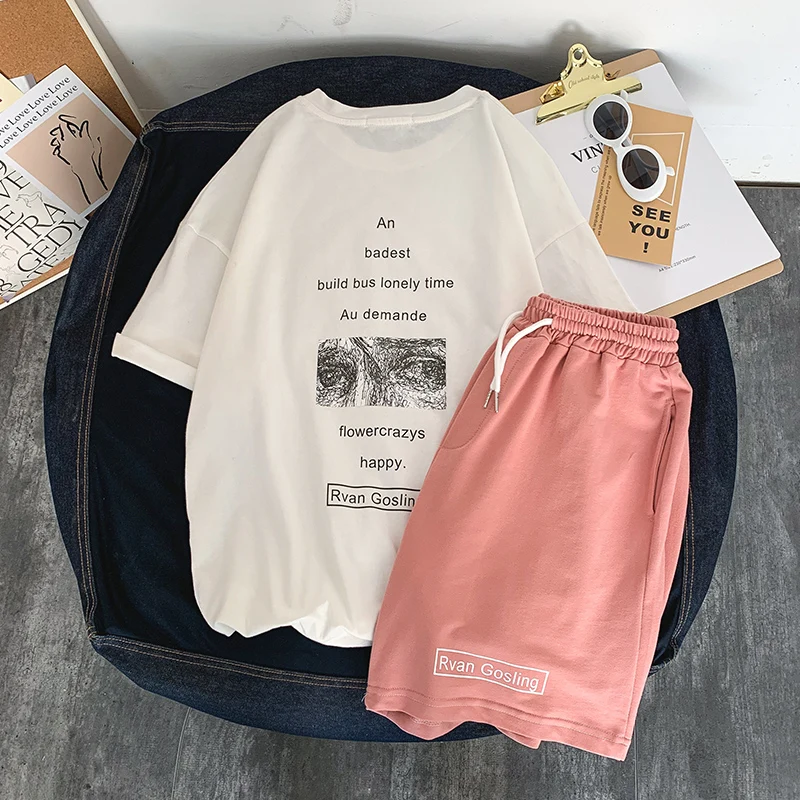 

Men Sets Summer Short Sleeve Shorts Print Teens Couple Unisex Oversize 5XL Baggy Korean Trendy Cozy Breathable Streetwear Casual