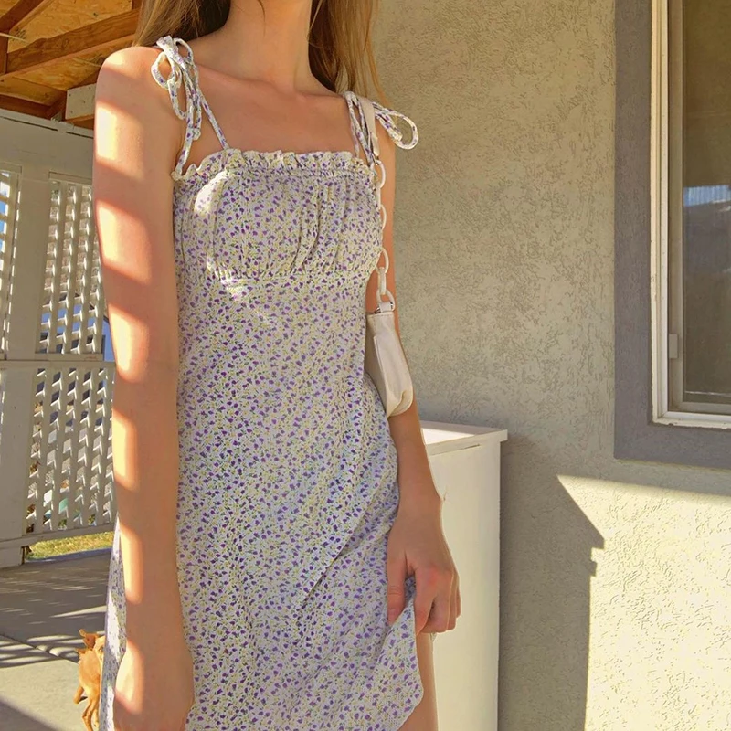 

2021 Women Floral A-line Dress Adults Sleeveless Tie Up Boat Neck Spaghetti Strap Ruffle One Pcs High Waist Clothing Leisurewear