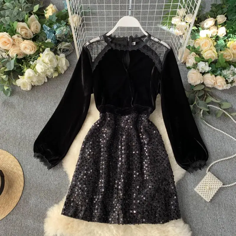 Осень-зима 2019 новинка женское платье с круглым вырезом и рукавом-фонариком