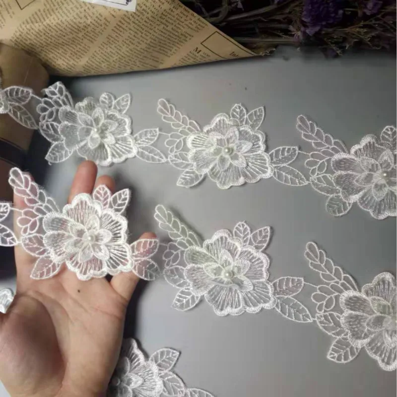 1 ярд 10 см белые хлопковые жемчужные цветы листья вышитая кружевная отделка лента
