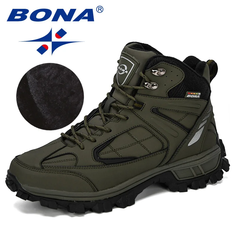 Army green black BONA/Новинка года; дизайнерская обувь из нубука; обувь для альпинизма, пустыни, альпинизма; мужские Ботильоны; походные ботинки; модная классическая обувь для треккинга - Цвет: Army green black