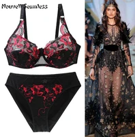 nouvelle seamless gultra thin plus size lingerie sexy push up cde cup bra sets embroidery plunge underwear for womens