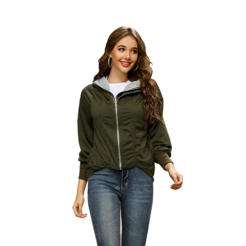 

Women's autumn and winter solid color casual fashion double zipper Hooded Jacket fall jacket for women coats and jackets