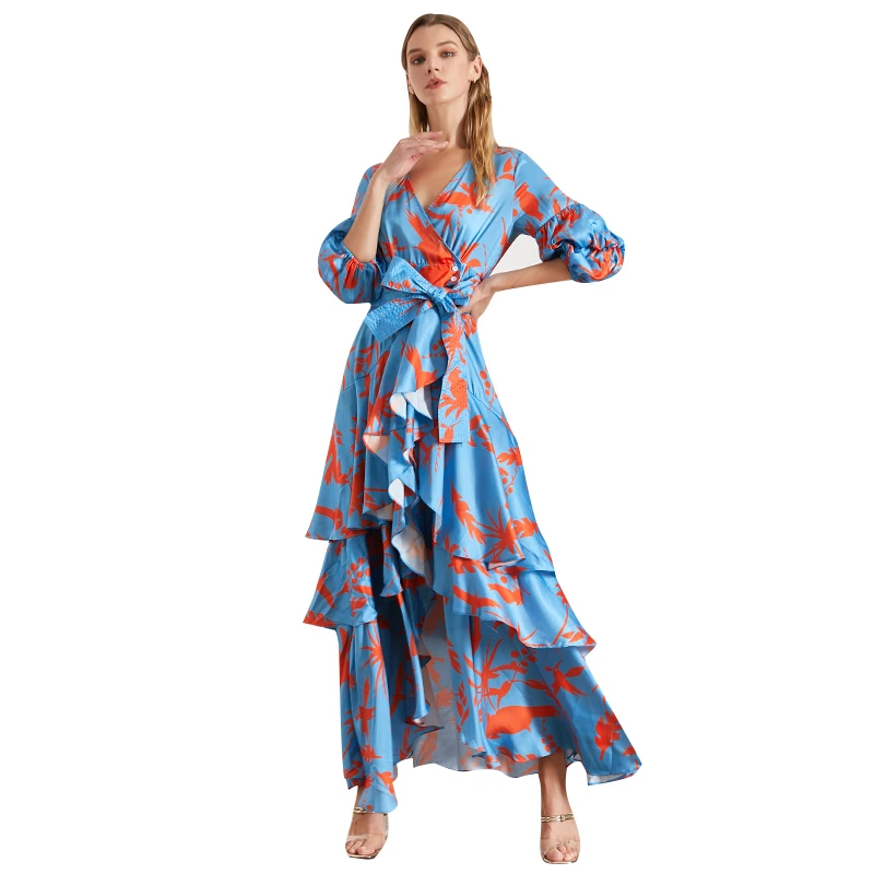 Платье с принтом TWOTWINSTYLE женское платье треугольным вырезом рукавами-фонариками