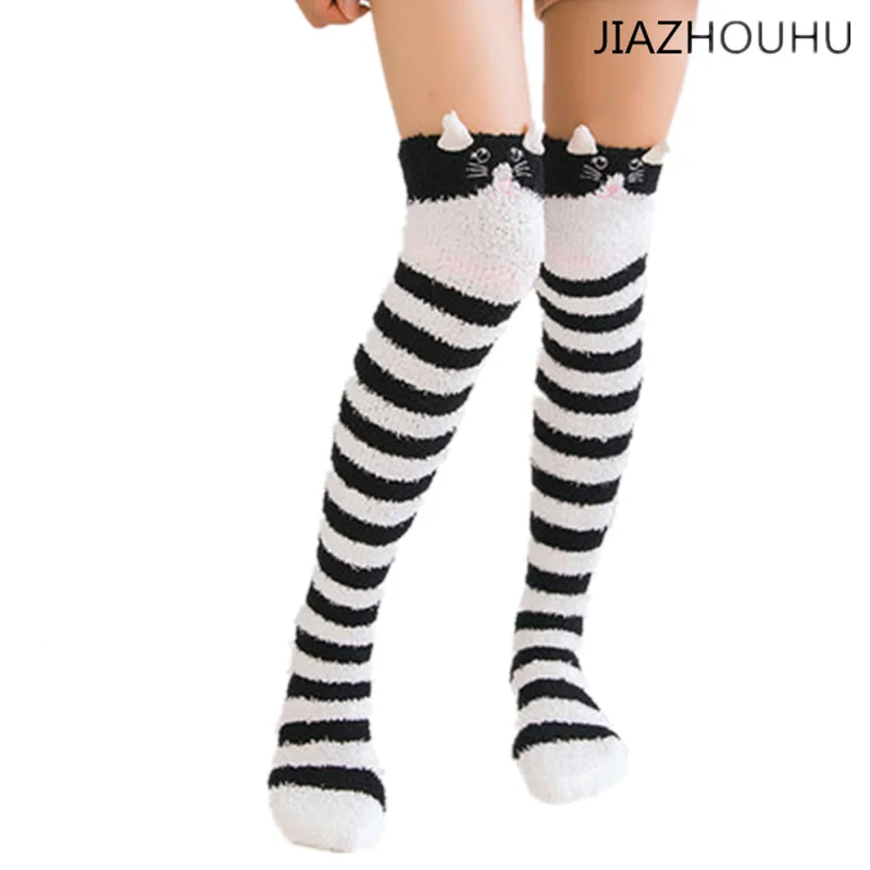 Japanese Girl Animal Modeling Women's Winter Stockings Over Knee Socks Striped Kawaii Cozy Long Thigh High Socks Warm Stockings
