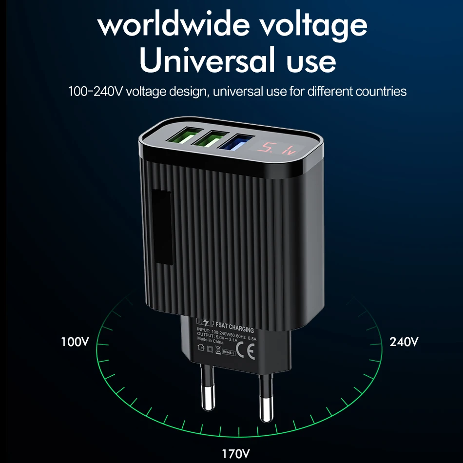 Светодиодный дисплей 3 порта USB зарядное устройство для телефона универсальное