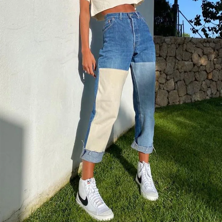 

Women\u2019s Korean Straight Jeans Personality Contrast Color Stitching High-waist Long Denim Pants with Pocket