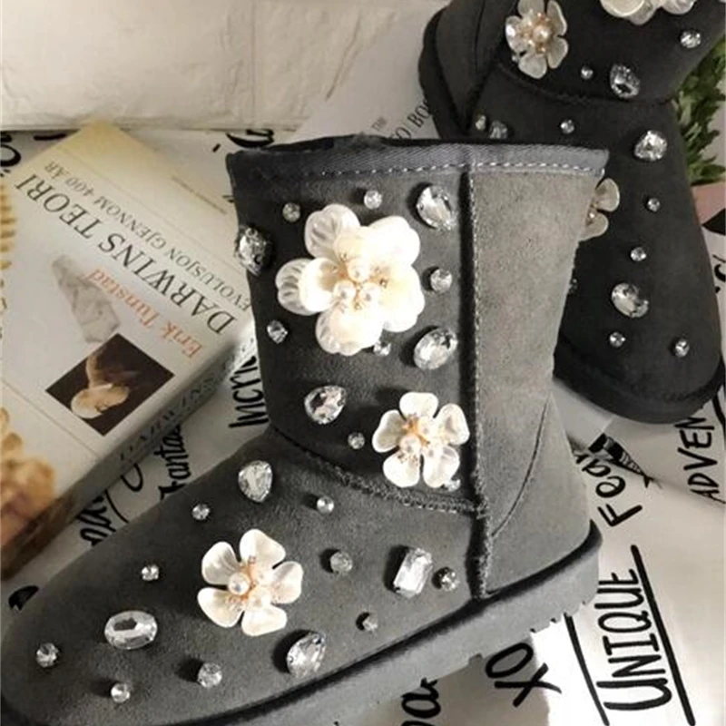 Женские сапоги ручной работы из искусственной кожи с жемчужинами и хлопковой