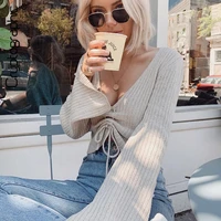 cryptographic fashion v neck drawstring ruched female crop tops casual long sleeve striped blouses for women 2021 autumn winter