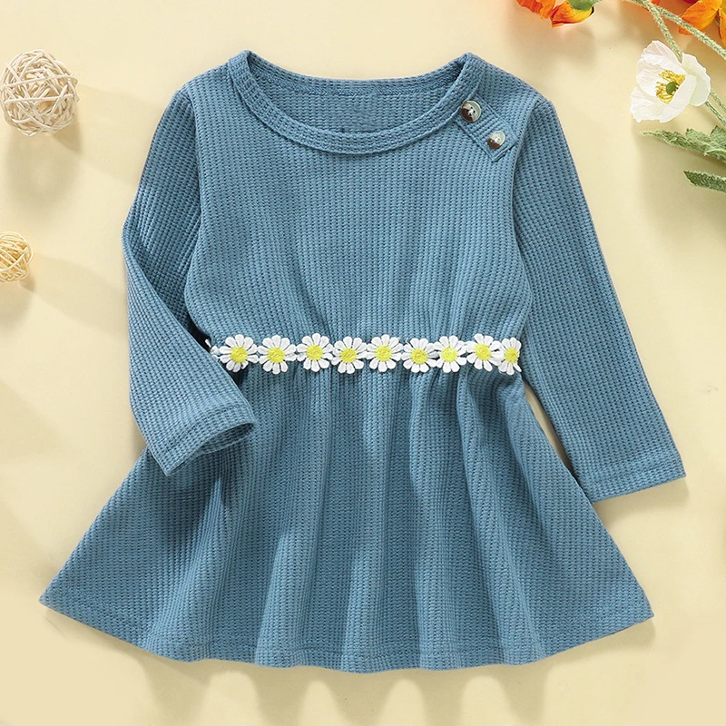 

2022 Spring Autumn Long Sleeve Baby Girl Clothes Newborn Toddler Knit Dress Flower Decoration Kid Clothies