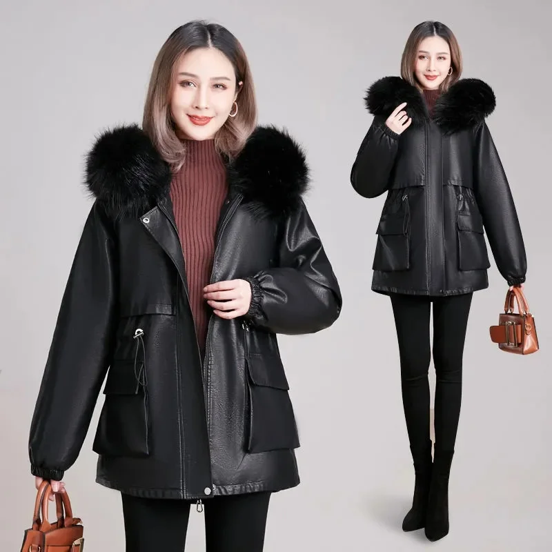 Large Fur Collar Plus Velvet Leather Cotton Coat In The Long Section 2021 New Style Fashionable Leather Coat Winter Jacket Women