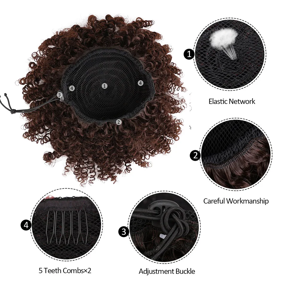 8 Inches Short Afro Puff Synthetic Hair Bun Curly Chignon Hairpiece Light Brown Color Drawstring Ponytail Updo Extensions|Синтетический