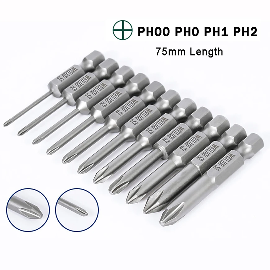 

5pcs 1/4" Hex Driver Strong Magnetic Phillips Cross Bits 75mm PH00 PH0 PH1 PH2 S2 Screwdriver Bit Electric Impact Drill Bit