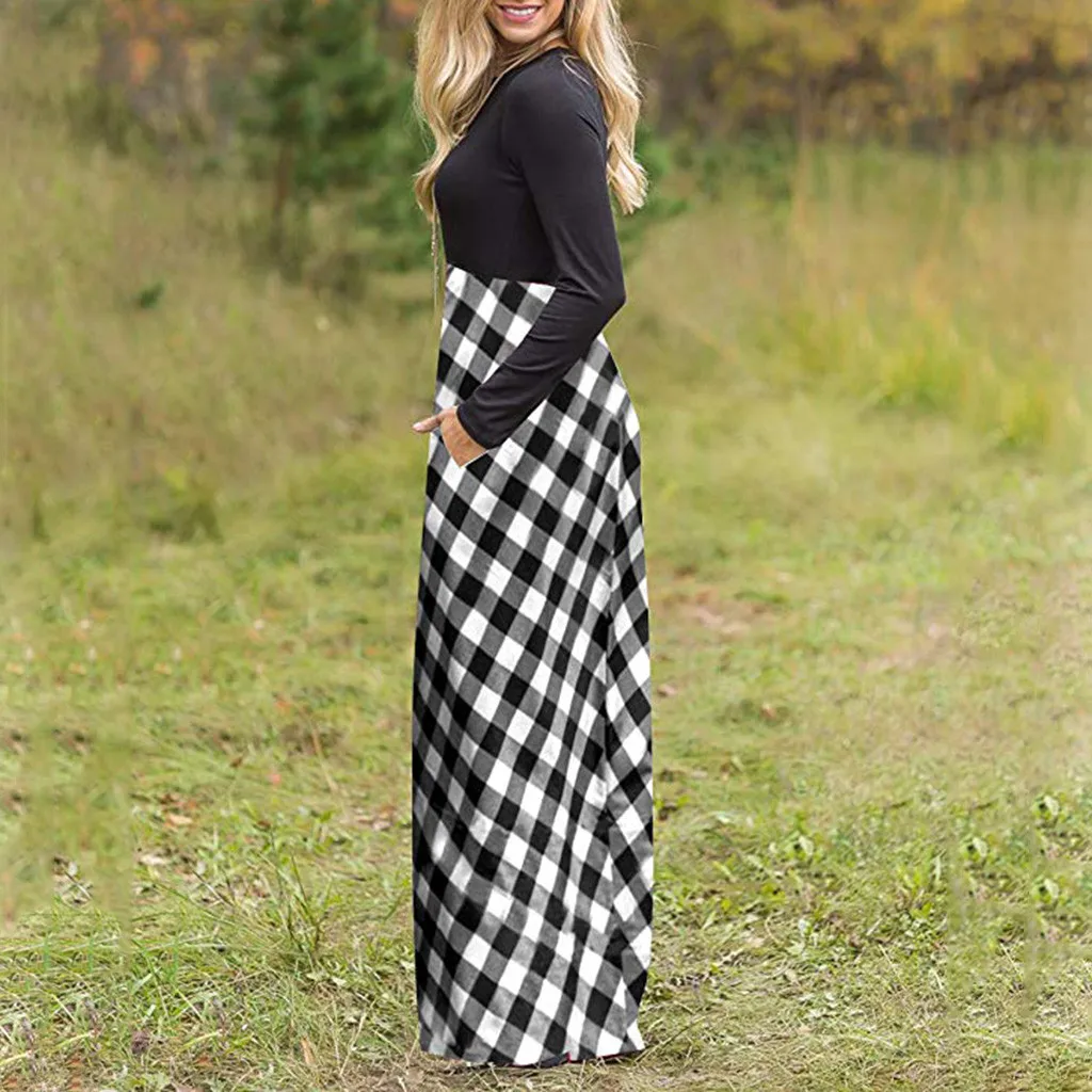 Женское платье клетчатое с длинным рукавом завышенной талией длинное длиной до