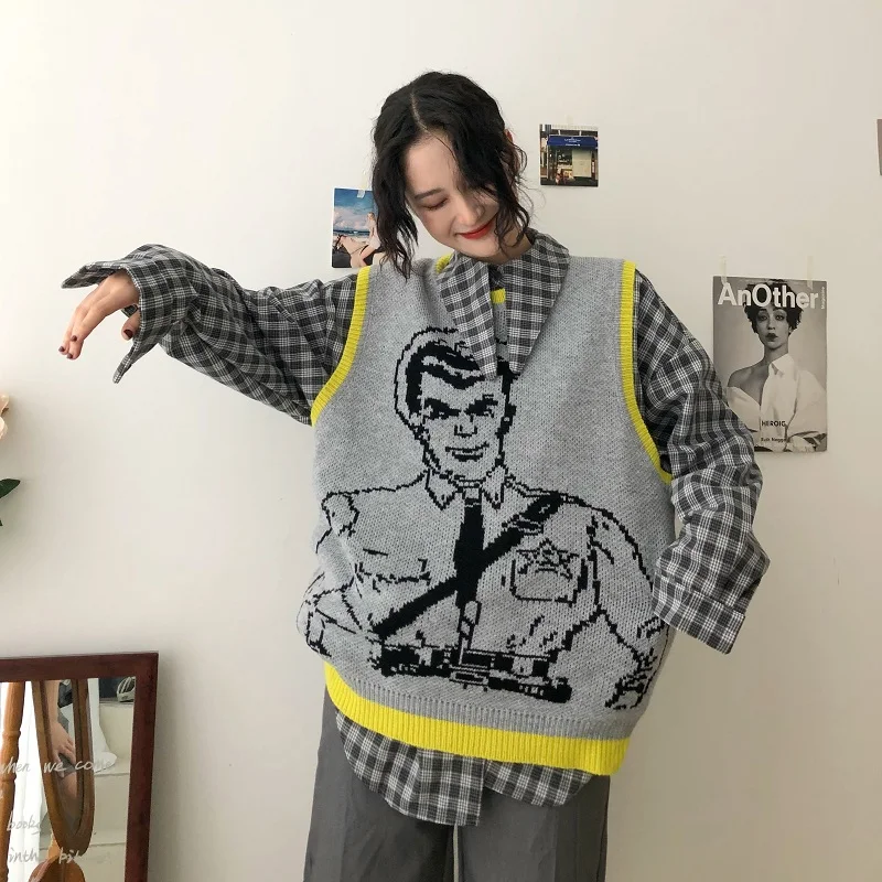 Vintage Cartoon Printed Knitted Sweater Vest Casual Sleeveless Loose Pullover Tank Tops Female Oversized Pullovers Femme
