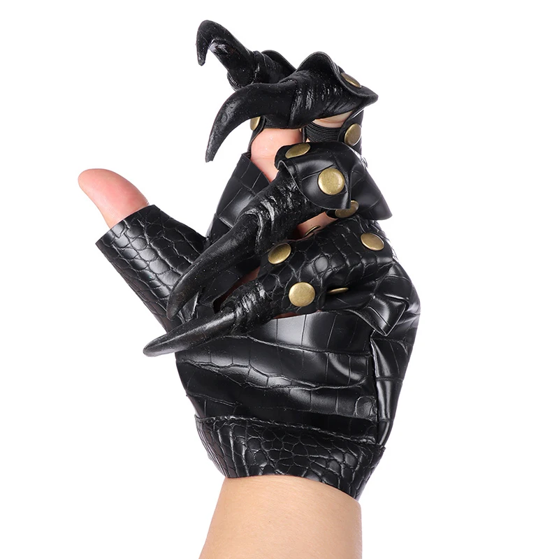 

1Pair Long Nails Claw Halloween Gloves Faux Leather Gloves Party Performance Cosplay Costume Metal Rivets Studded Accessories