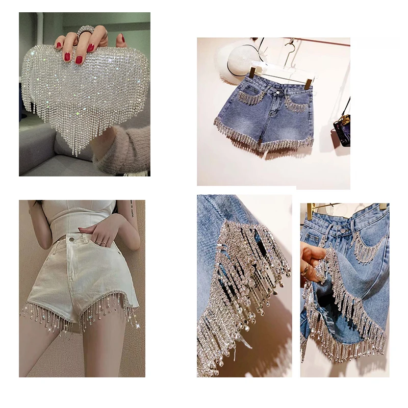 

5yards/lot Sell Well Long fringe rhinestone trim silver Drop pendant tassel crystal decorative metal chain clothing accessories