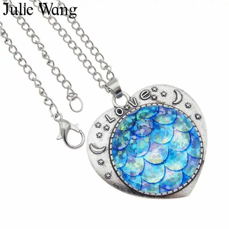 Julie Wang 25mm Glass Mermaid Fish Scale Necklace Women Heart Cabochon Setting Pendant Collar Chain Bohemian Fashion Jewelry | Украшения и