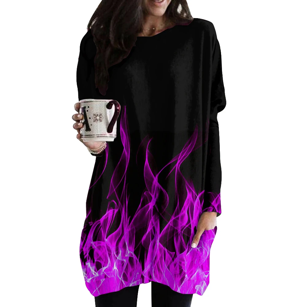 

Повседневный пуловер с принтом пламени для женщин, длинные женские топы большого размера с длинными рукавами и карманами, свободные женски...