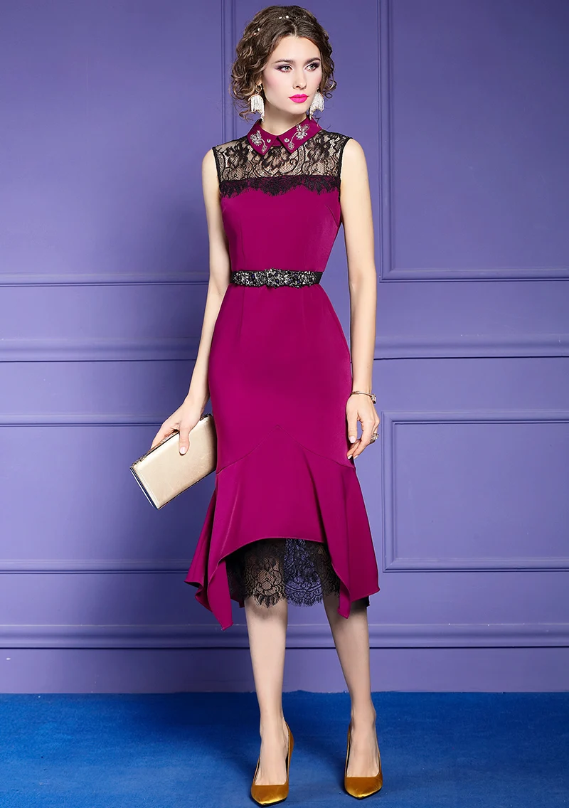 

New 2020 Fashion Celebrity Inspired Women Turn-down Collar Lace Patchwork Sleeveless Midi Party Mermaid Dress Green Purple 3XL