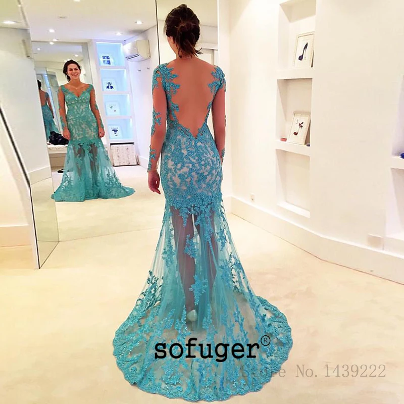 

Blue V Neck Long Backless Evening Dresses Prom Lace Appliques Mermaid Vestidos De Fiesta De Noche Robe De Soiree Plus Size