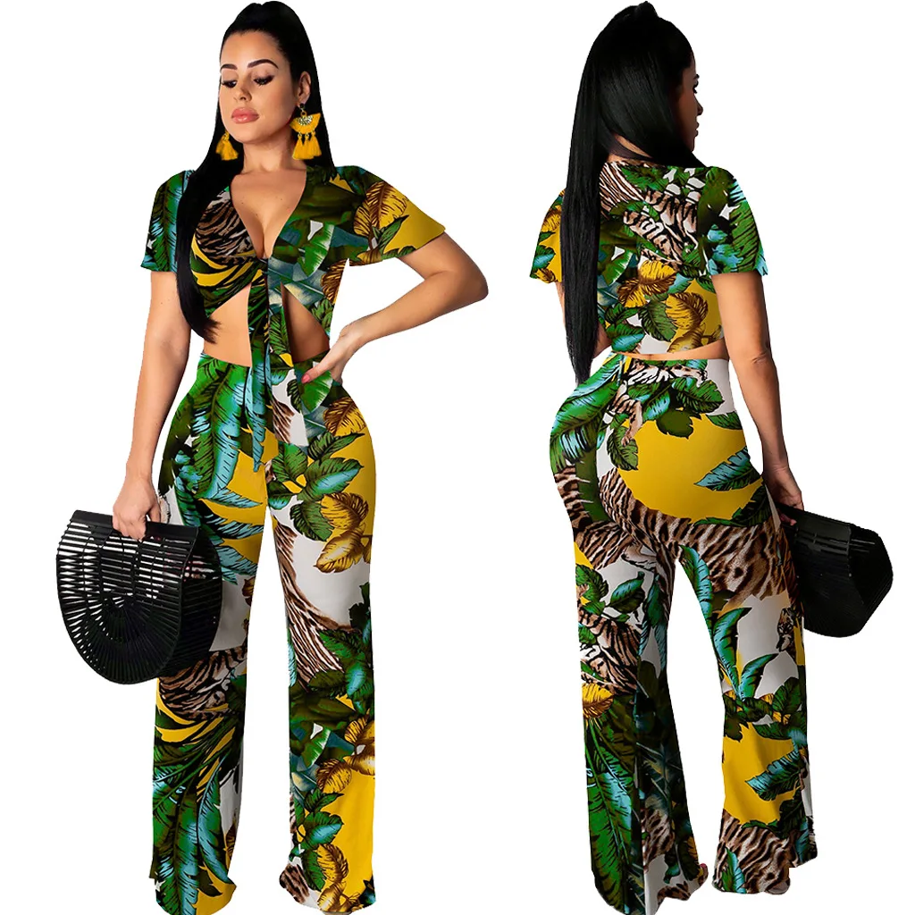 

2021 Women's Tracksuit 2 Pcs Pant Suit Deep V Neck Short Sleeve Crop Top and High Waist Straight Long Trouser Summer Sweatsuits
