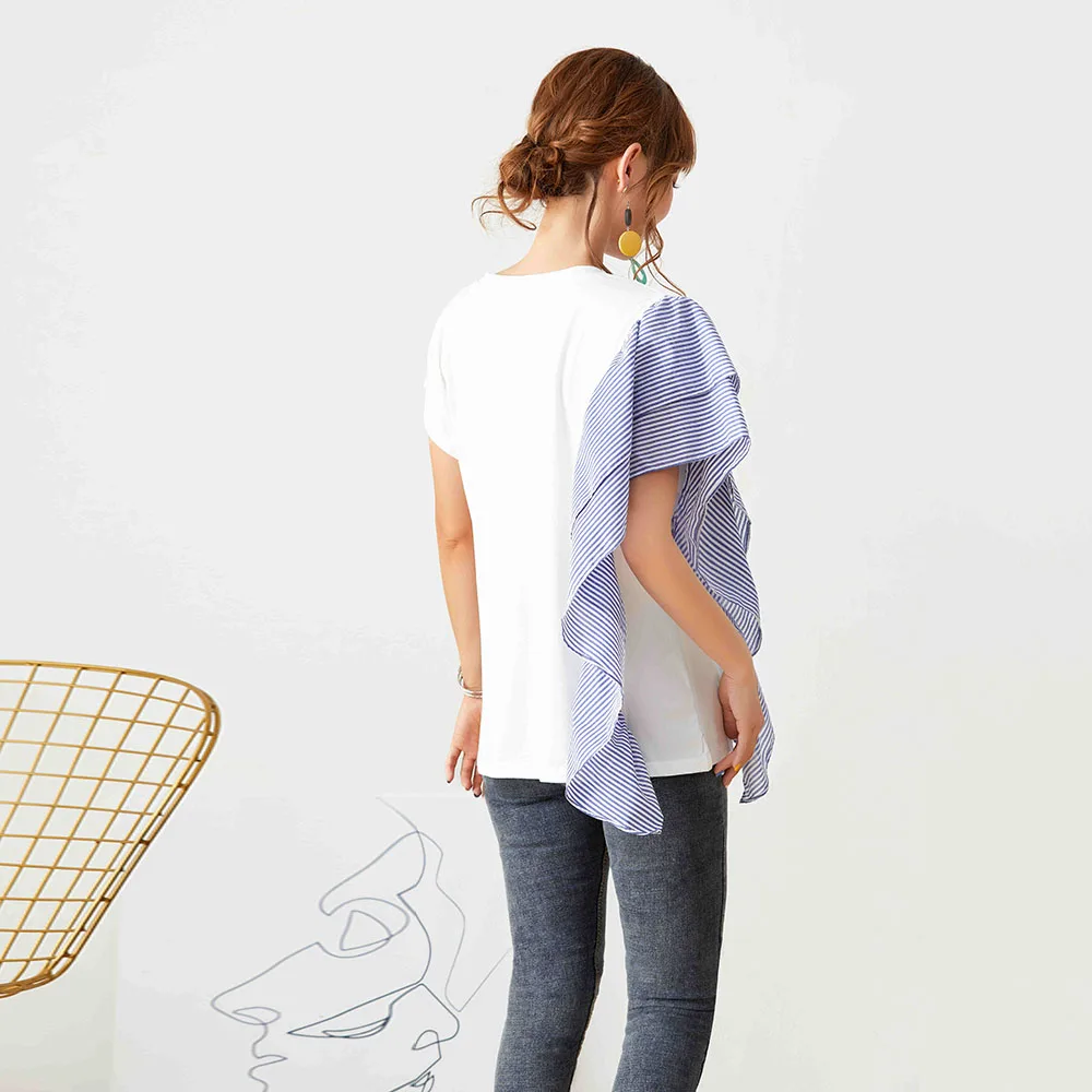 

T-Shirt Striped Irregular Stitching Ruffled Short-sleeved T-shirt Women Spring And Summer 2021 Korean Version Suit For Girl