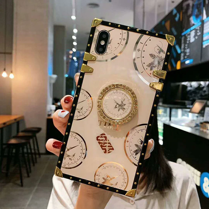 

10PCS Time Pattern Square Phone Case for Samsung S10 S9 S20 S21 Note 10 Plus A70 A51 A71 A11 A21s Bling Ring Holder Cover Coque