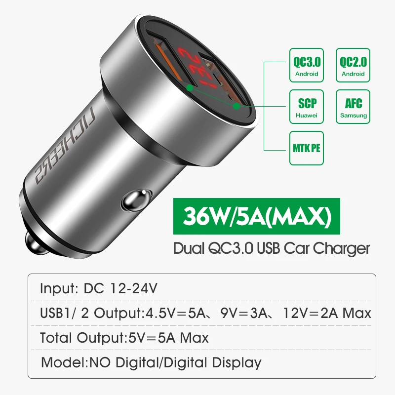 Автомобильное зарядное устройство 36 Вт Quick Charge 4 0 3 Металл двойной USB для iPhone Xiaomi