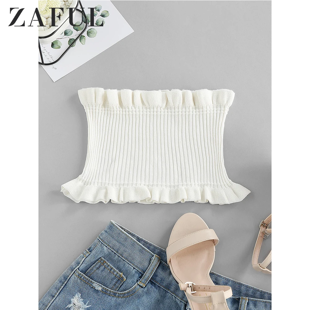 ZAFUL Women Ruffled Smocked Tube Top Strapless Lady Sexy Summer Casual Outfits Basic Wearing Fashion | Женская одежда