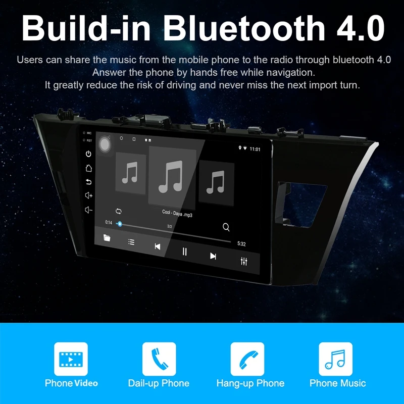 

Android 10.1 Car Radio Stereo High Definition GPS Navigation Bluetooth USB Player for Toyota Corolla 2014-2016 2G + 16G